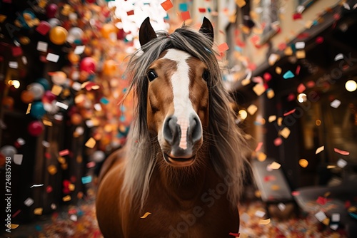 horses decorated for the holiday. Concept: horseback riding and festivals with animals, bright bokeh lights from garlands