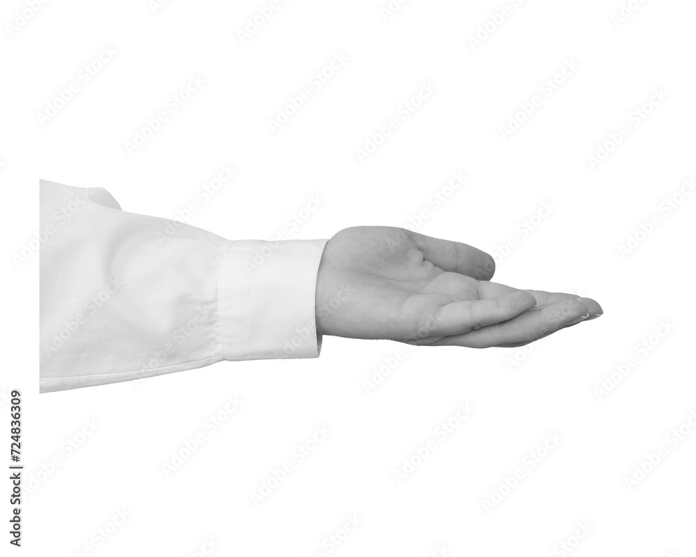 Black and white hand in a white shirt holds something isolated on white background - element for collage