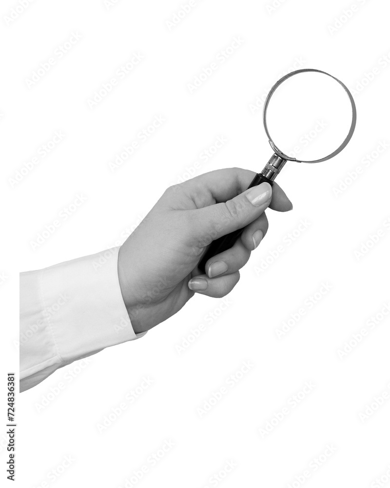 Black and white hand in a white shirt holds a magnifying glass isolated on white background - element for collage