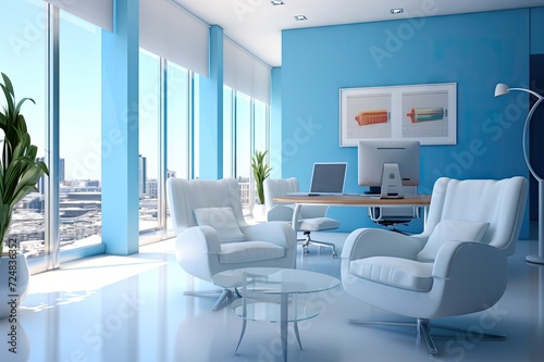 modern living room interior with light blue walls and a window with daylight coming on a white table and chairs © usman