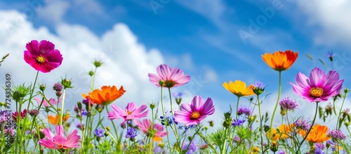 An astounding presentation of nature's colors: vibrant flowers bloom against a blue sky. © 2rogan