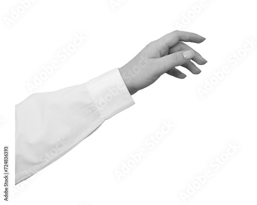 Black and white relaxed hand in a white shirt points or touch with a finger isolated on white background - element for collage
