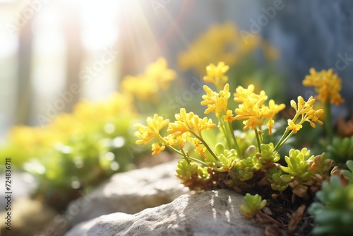 broadleaf stonecrop, with sunlight highlighting yellow flowers photo