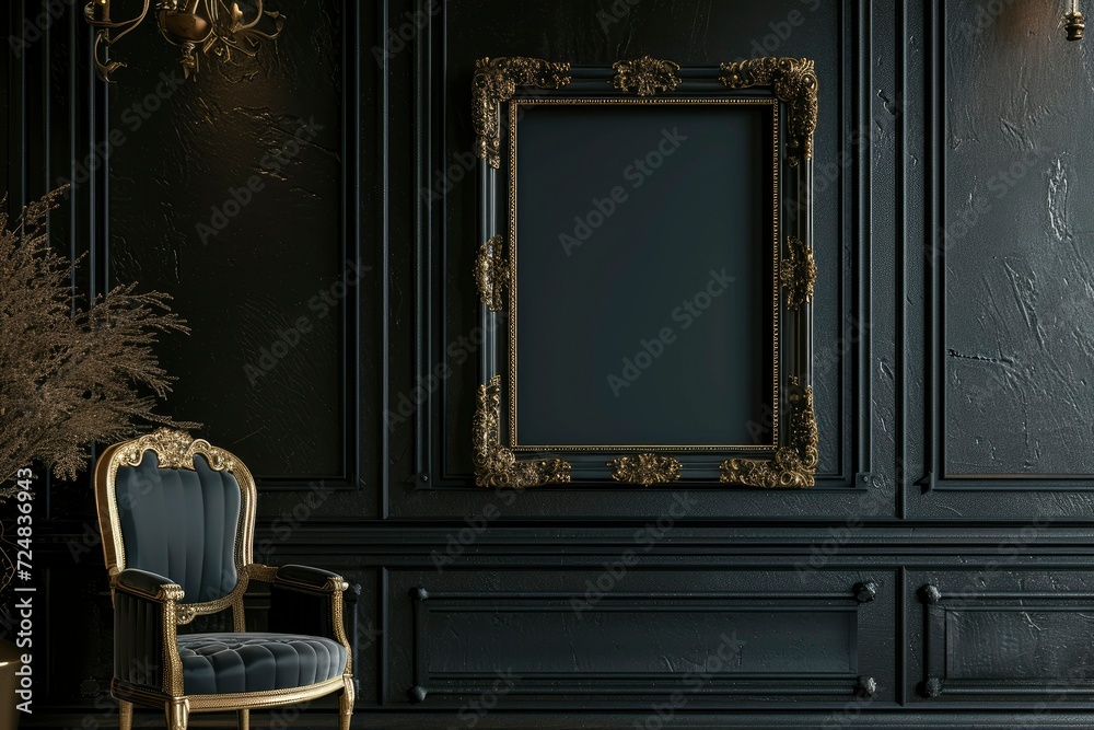 Empty photo frame in an old European style house, classic black and gold decoration. Vintage room with chair and frame - obrazy, fototapety, plakaty 
