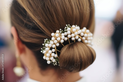closeup of a hairpin with pearls in a braided updo photo