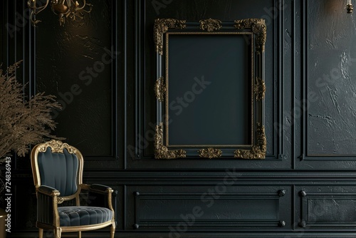 Empty photo frame in an old European style house, classic black and gold decoration. Vintage room with chair and frame