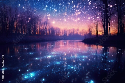 white shining snowflakes falling in a blue lake in the night © usman