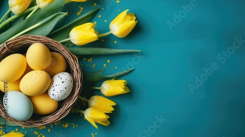 Easter eggs in basket on colored table with yellow Tulips. Natural dyed colorful eggs background top view.