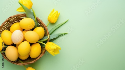 Easter eggs in basket on colored table with yellow Tulips. Natural dyed colorful eggs background top view.