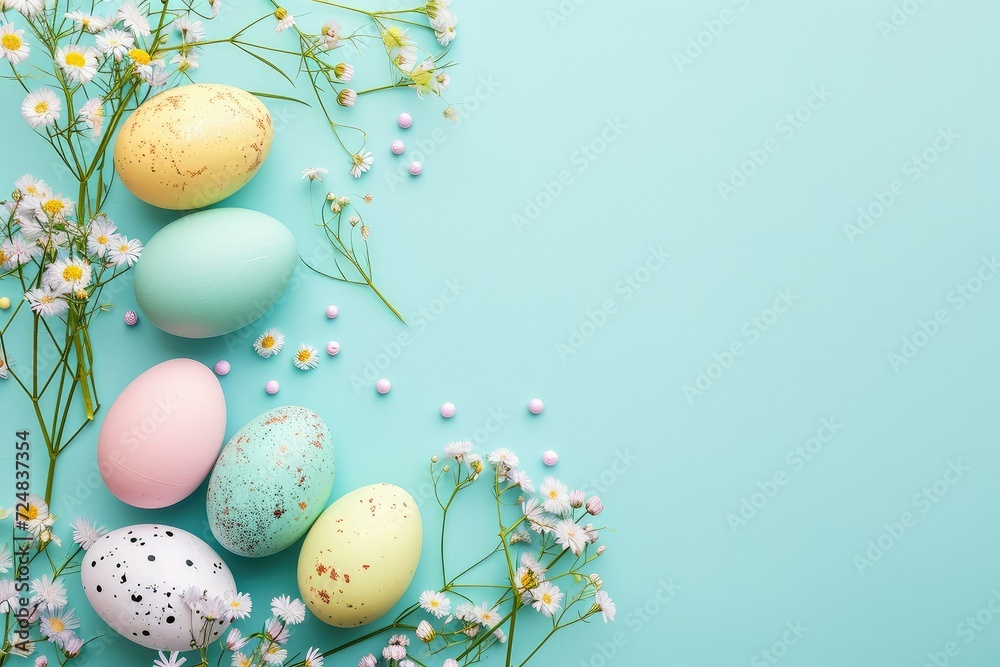 Happy Easter composition for Easter design. Elegant Easter eggs and flowers on mint background. Happy Easter composition for Easter design. Elegant Easter eggs and flowers on mint background.