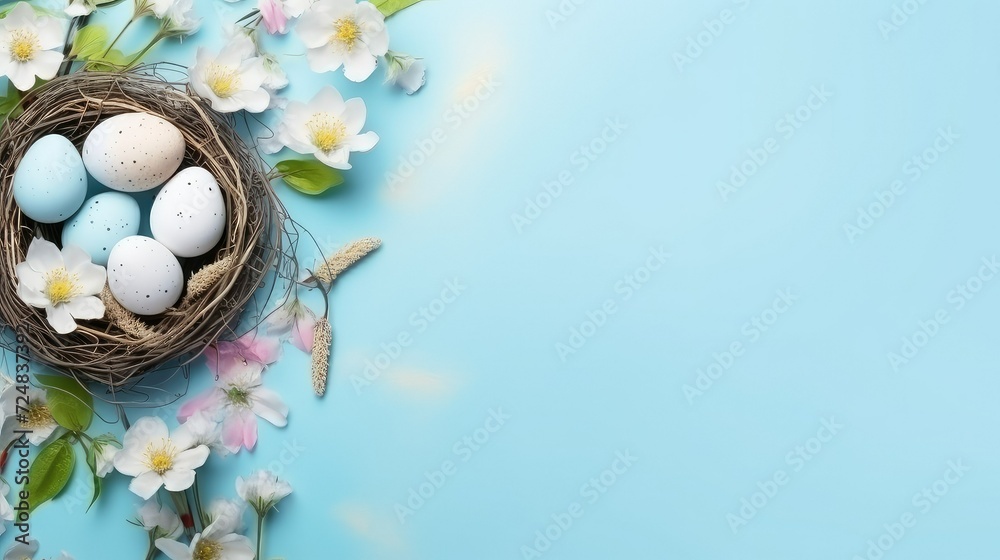 Happy Easter concept with Easter eggs in nest and spring flowers on soft blue surface. Easter background with copy space. Happy Easter concept with Easter eggs in nest and spring flowers on soft blue surface. Easter background with copy space.