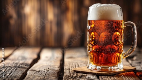 beer with foam in a glass glass on a wooden board