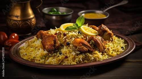 ndian meal / Restaurant menu concept - Mutton biryani, butter chicken, Roti and raita background photo