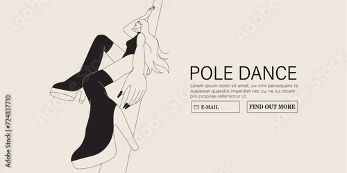Young sexy female character in lingerie on high hills perform pole dance in fitness studio or competition. Modern fitness classes for women vector illustration. Poledancer stretching or exercising.