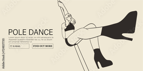 Young sexy female character in lingerie on high hills perform pole dance in fitness studio or competition. Modern fitness classes for women vector illustration. Poledancer stretching or exercising.
