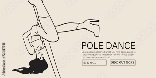 Young sexy female character in lingerie on high hills perform pole dance in fitness studio or competition. Modern fitness classes for women vector illustration. Poledancer stretching or exercising.