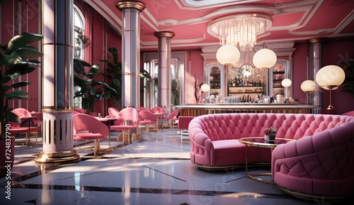 a wonderful and luxurious lobby of a restaurant decorated with pink furniture and white lights and pink walls