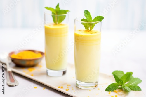 mango lassi in tall glasses with mint garnish photo