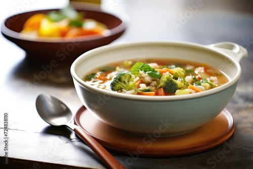 ceramic bowl of minestrone soup with spoon