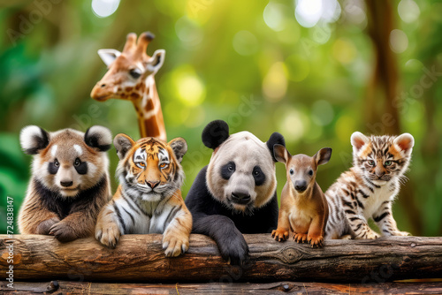 a line up of cute animals leaning on a wooden log with jungle background photo