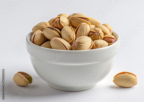 pistachios in a white ceramic bowl, the bowl positioned at the corner, against a bright white background