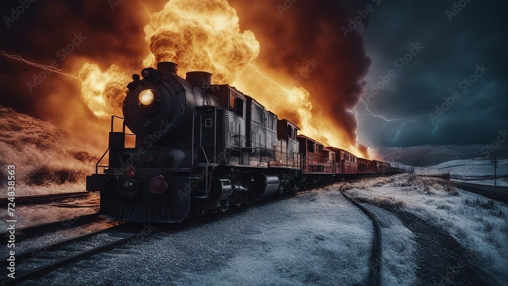Fototapeta premium steam train in the forest train driving through fire and ice, with lightning sinister astral cosmic 