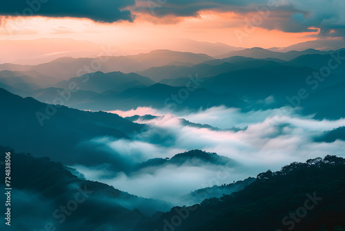 Mountainous landscape at sunset, fog enveloping layers of mountains with vibrant orange and pink sky. Vegetation visible, serene and splendid