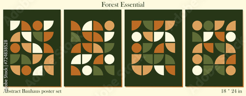 Calming abstract geometric shape background bauhaus aesthetic.Set of 4.Natural,organic earthy tree tones vector pattern green and brown circle,square wall art poster for home decor,cover,card,brochure