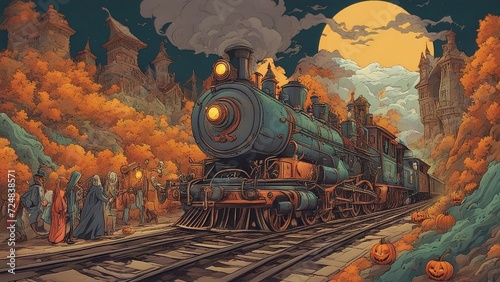 old steam locomotive halloween ghouls and monsters evil, An evil magic Halloween ghouls and monsters 