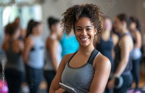 Portrait of a female personal trainer holding tablet and smiling at the camera in a gym. Sporty beautiful woman fitness trainer smiling in the gym. Active girl in fitness gym.