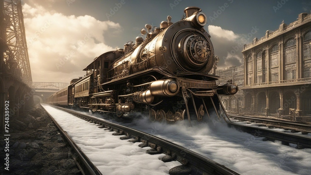steam train in the countryside  steampunk train that escapes the doom of the world on a   railway.  - obrazy, fototapety, plakaty 