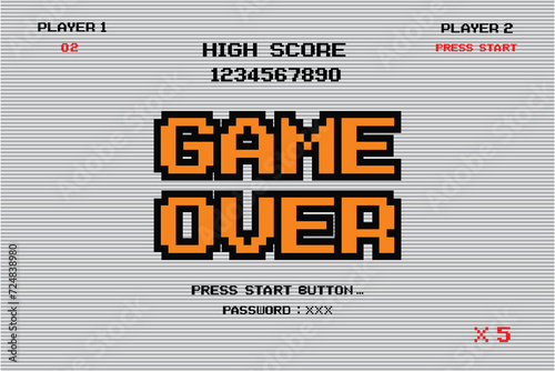 Game over press start button. pixel art .8 bit game. retro game. for game assets in vector illustrations. Retro Futurism Sci-Fi Background. glowing neon grid and stars from vintage arcade comp