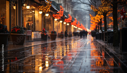 Illuminated city streets reflect in wet winter rain generated by AI