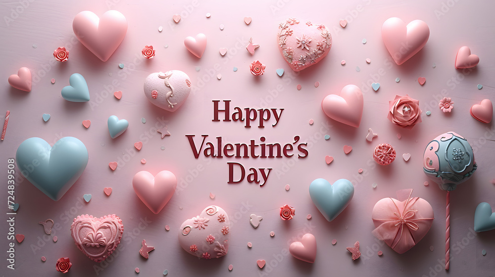 Happy Valentine's Day text minimalist hearts mockup background wallpaper, romantic love grunge concept