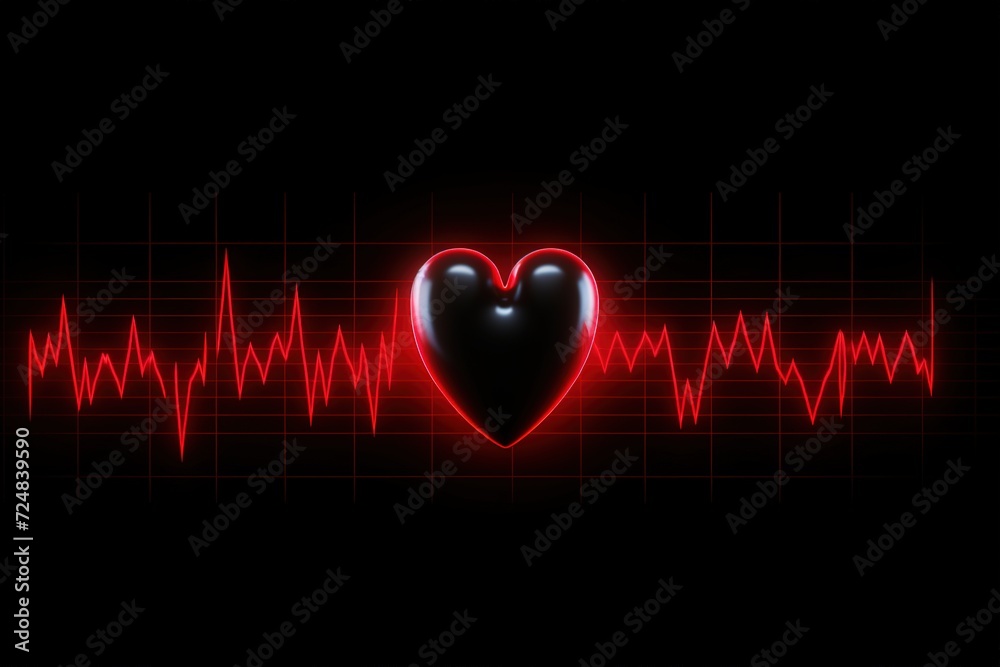 red cardiogram line with heart shape on black background