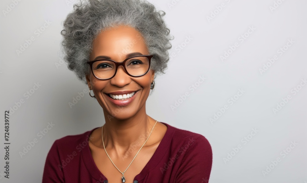 Attractive African senior man in glasses having wide charming smile stand alone indoor pose for camera