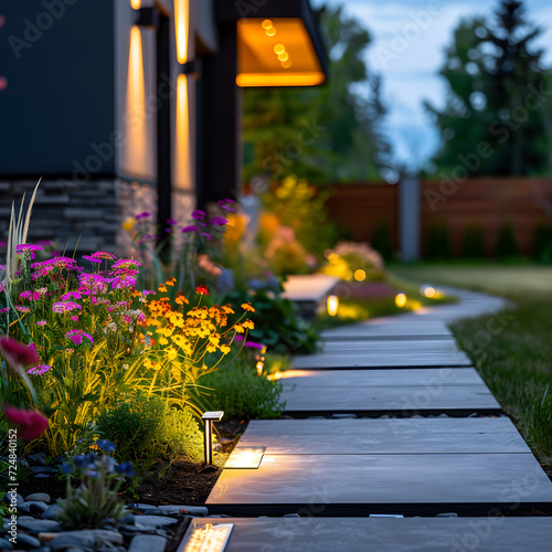 Modern gardening landscaping design details. Illuminated pathway in front of residential house. Landscape garden with ambient lighting system installation highlighting flowers plants. photo