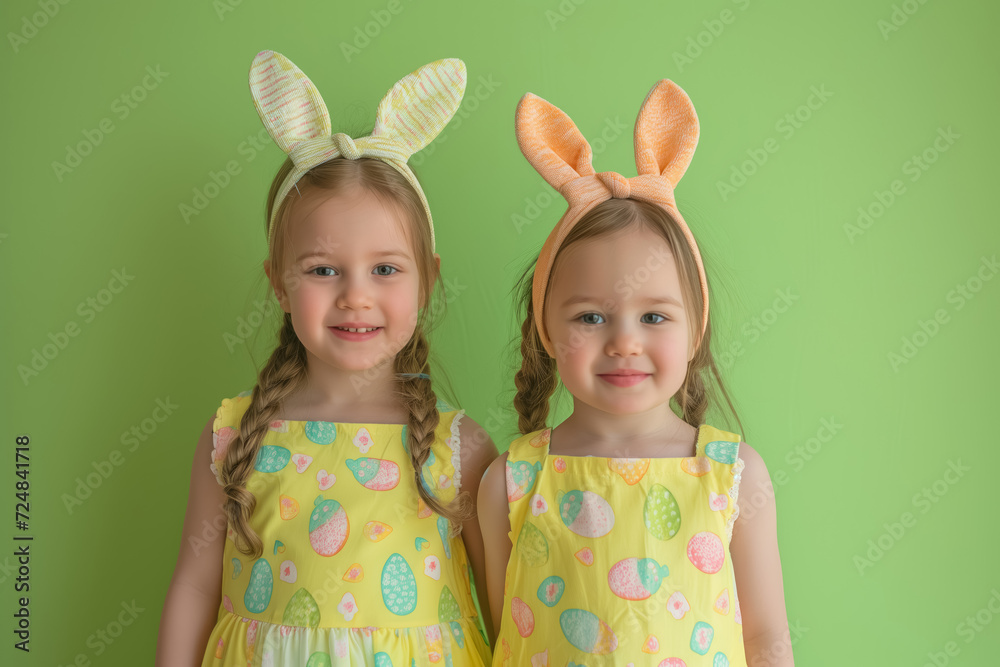 young sisters with easter bunny ears , with green pastel background