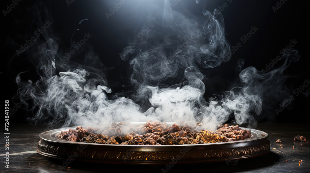 Wooden Bowl in Burning Incense Sticks Smoke Rising Calm Atmosphere Dark Copyspace Background