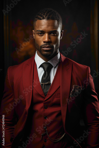 A fashionable blackish male, exuding confidence against a solid dark red background.