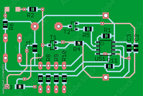 Vector printed circuit board of electronic 
device with components of radio elements, 
conductors and contact pads placed on it. 
Engineering technical drawing. Pcb template.
Electric background.