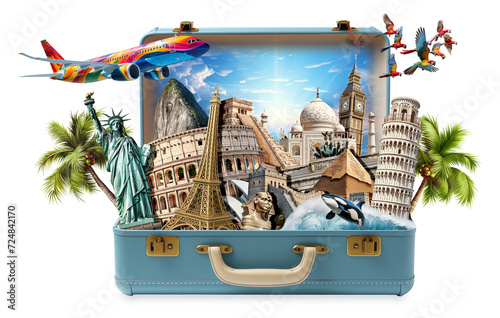Obraz na płótnie blue retro leather vintage suitcase full of world famous landmarks and sightseeing attractions isolated on white background. World travel tourism vacation concept. w salonie
