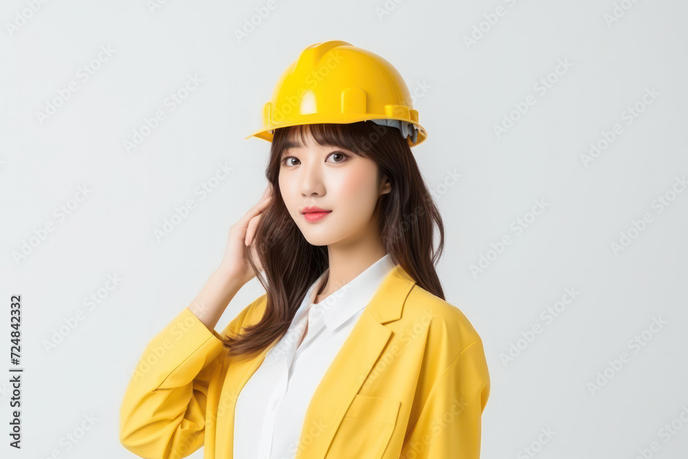Confident female engineer wearing a yellow hard hat against a grey background