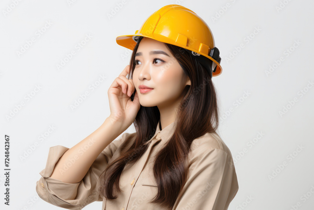 Confident female engineer wearing a yellow hard hat against a grey background Confident female engineer wearing a yellow hard hat against a grey background