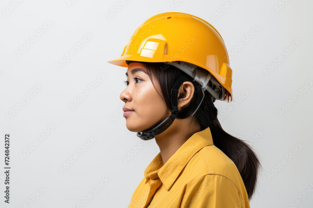 Confident female engineer wearing a yellow hard hat against a grey background
