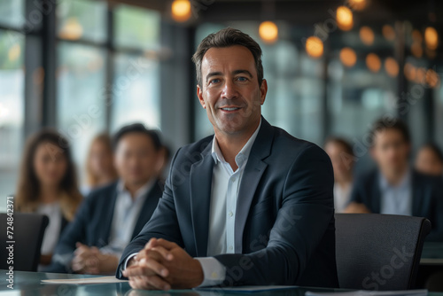 Smiling Business Professional at a Corporate Meeting