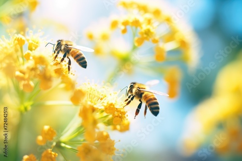 closeup of bees pollinating vibrant yellow wildflowers