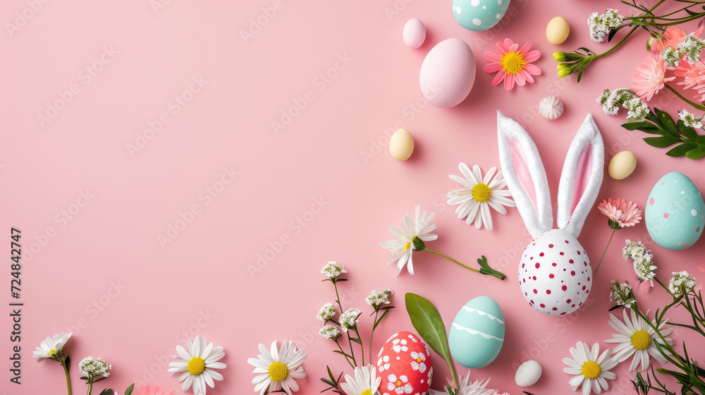 Easter composition with easter eggs with playful bunny ears amid a spread of fresh spring flowers on a soft pink background. Easter card with copy space