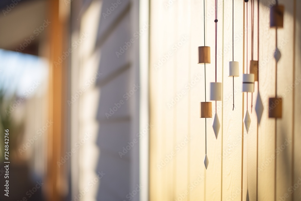 closeup of wind chimes forming shadows on a wall