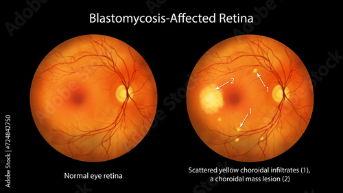 A blastomycosis-affected retina and a healthy retina, illustration photo